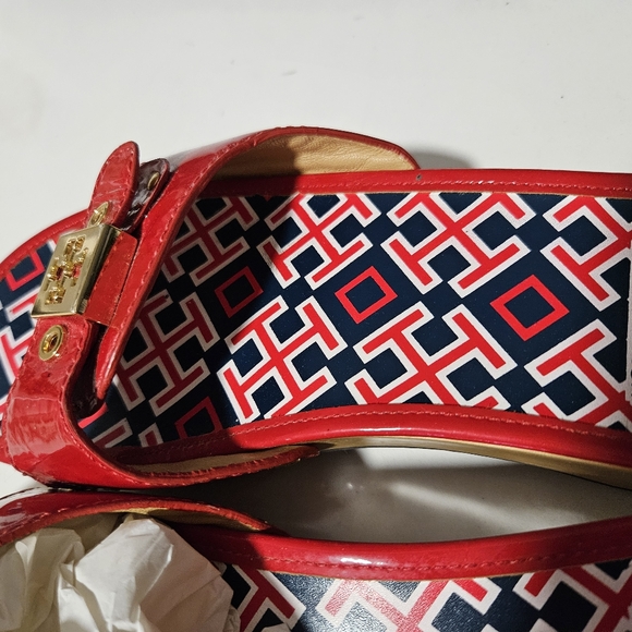 Tory Burch Dixon Patent Leather Wood Slides size 8 Womens Shoes Red Blue clogs - Picture 7 of 16